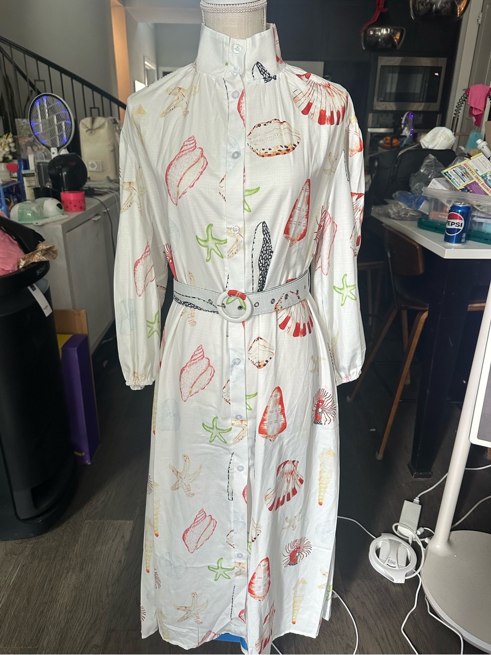 White Shell-Print Button-Front Shirt Dress with Belt